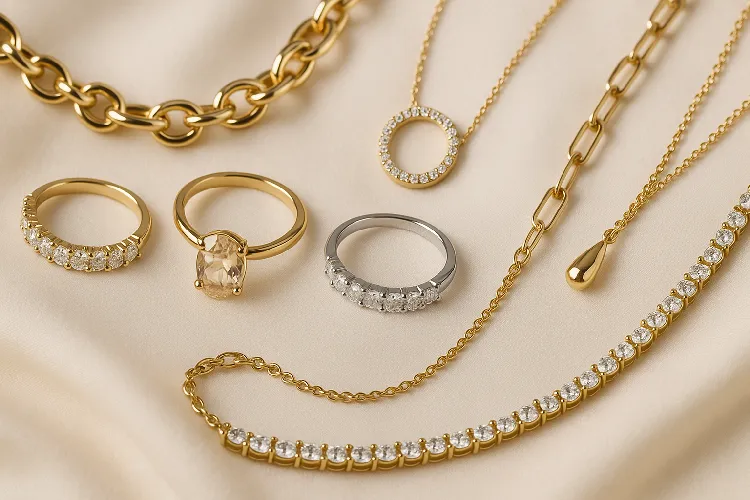 A variety of wholesale jewelry including rings, necklaces, and bracelets