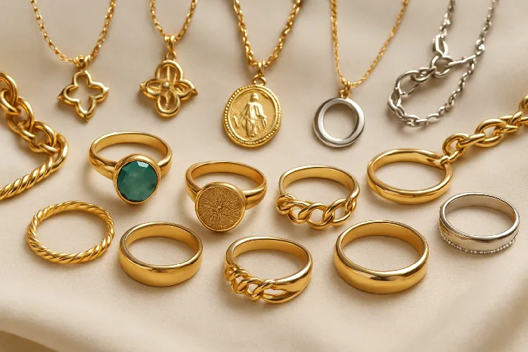Variety of European jewelry pieces including rings, necklaces, and bracelets