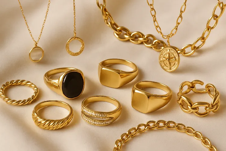 Close-up of trendy rings, necklaces, and bracelets from European manufacturers