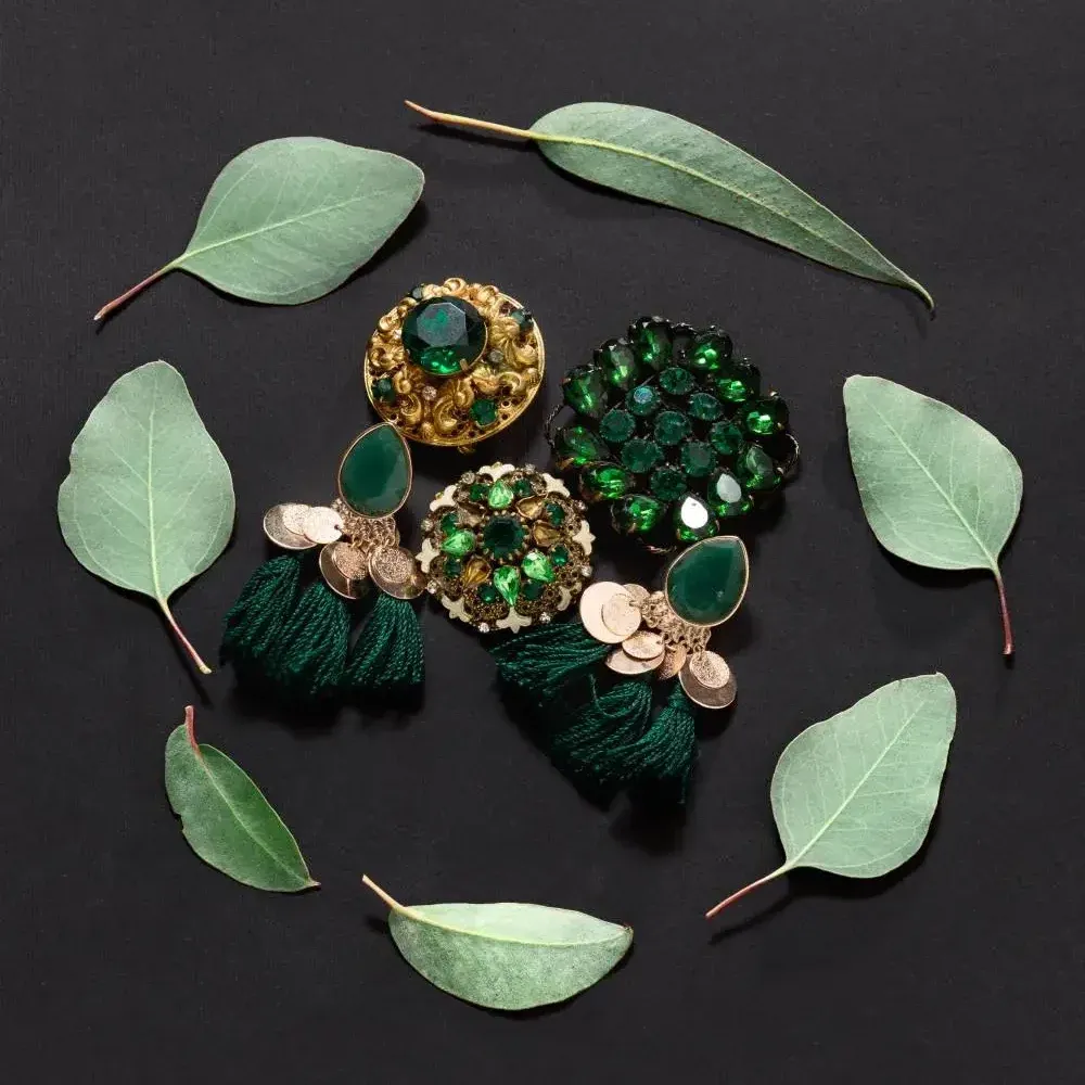 Woman jewelry on black, surrounded by green leaves top view