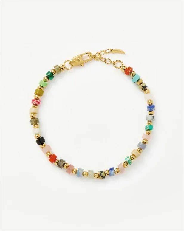 A colorful beaded bracelet with a gold clasp