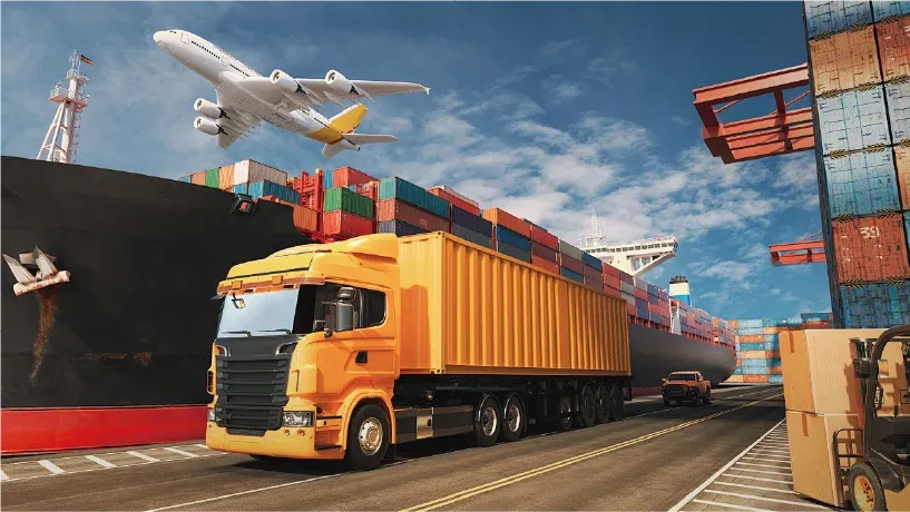 A logistics scene with a cargo ship