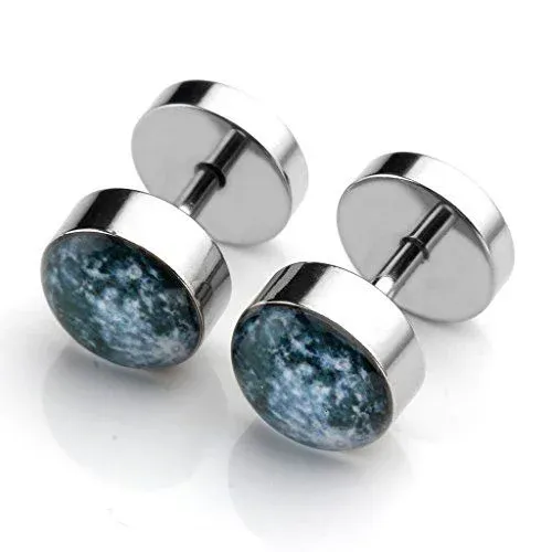 A pair of silver cufflinks featuring round, blue speckled stone inlays A pair of silver cufflinks featuring round, blue speckled stone inlays