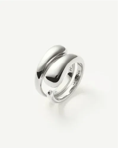 A silver double band ring with a modern, intertwined design