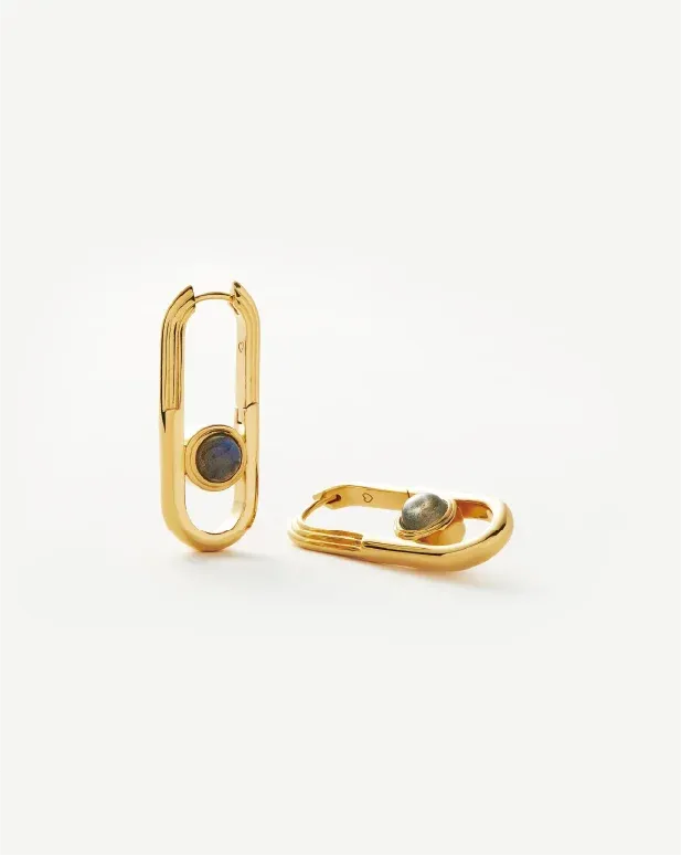 Gold earrings shaped like paperclips with small round gemstones in the center