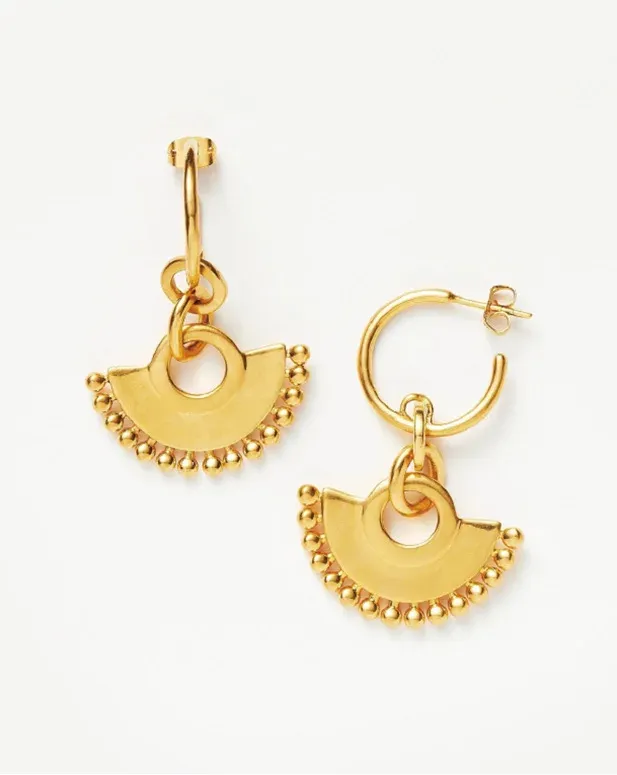 Gold earrings with semi circular pendants and beaded edges