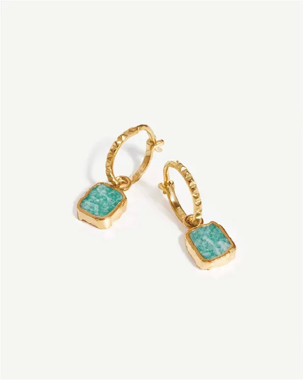 Gold hoop earrings with dangling green stone charms