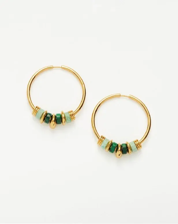 Gold hoop earrings with green and gold bead accents