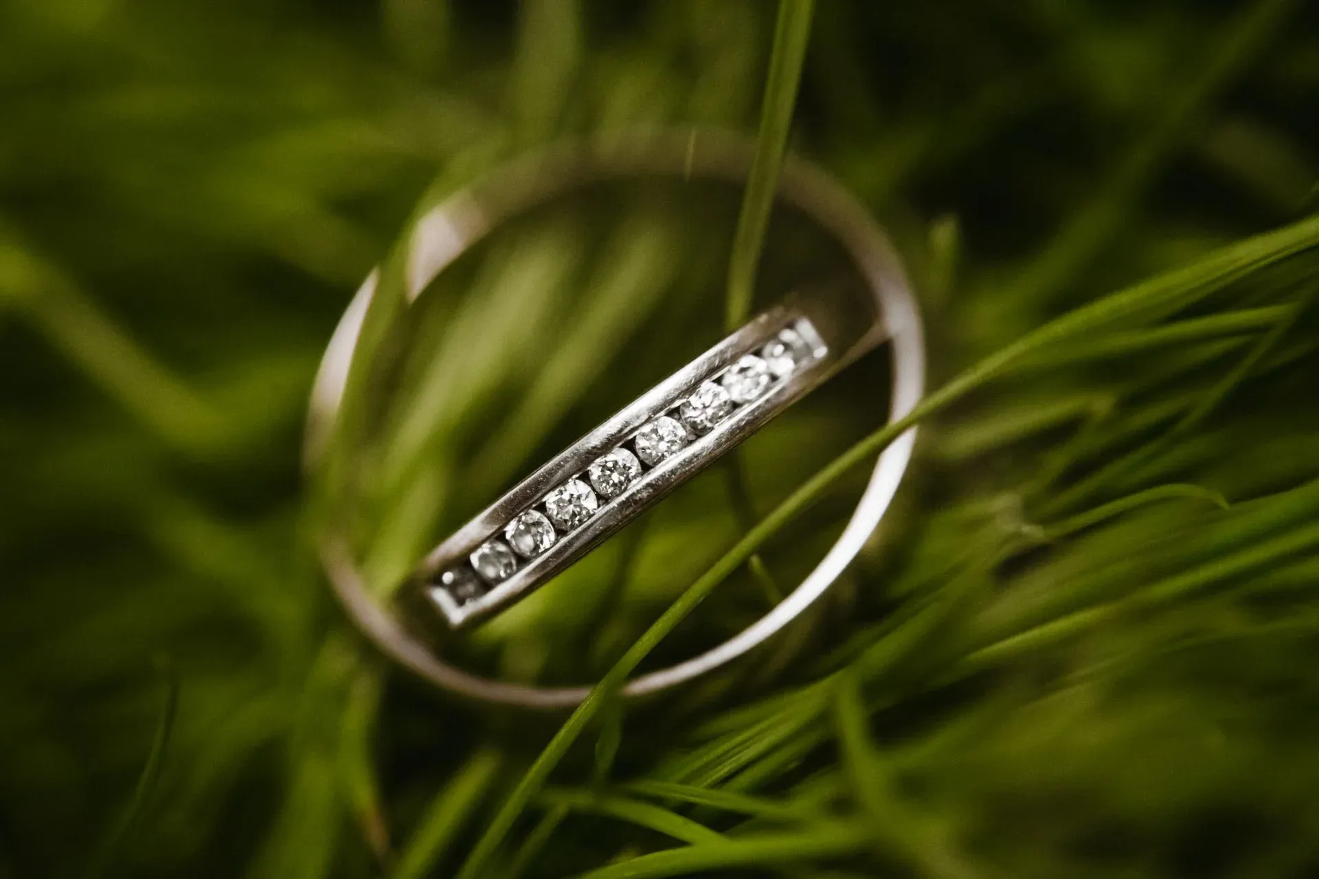 close up of a diamond wedding band resting on green grass close up of a diamond wedding band resting on green grass
