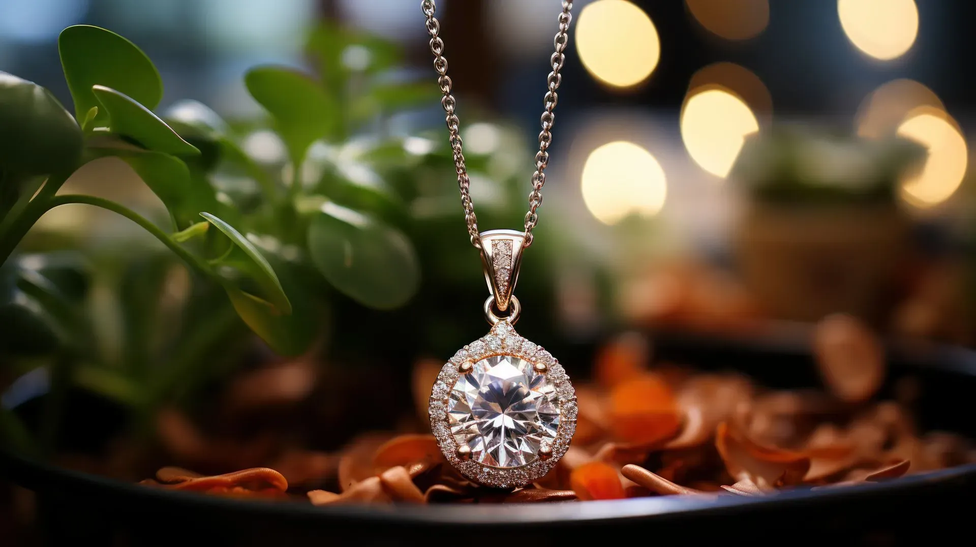 elegant rose gold necklace with diamond ring set against blurred setting elegant rose gold necklace with diamond ring set against blurred setting