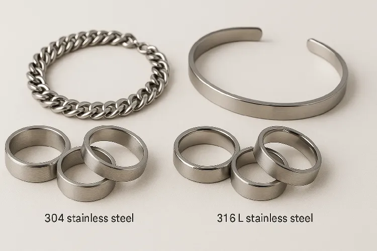 Different types of stainless steel jewelry, 304 and 316L grades. Different types of stainless steel jewelry, 304 and 316L grades.