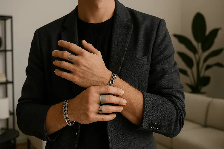 Stylish person wearing a variety of stainless steel jewelry. Stylish person wearing a variety of stainless steel jewelry.
