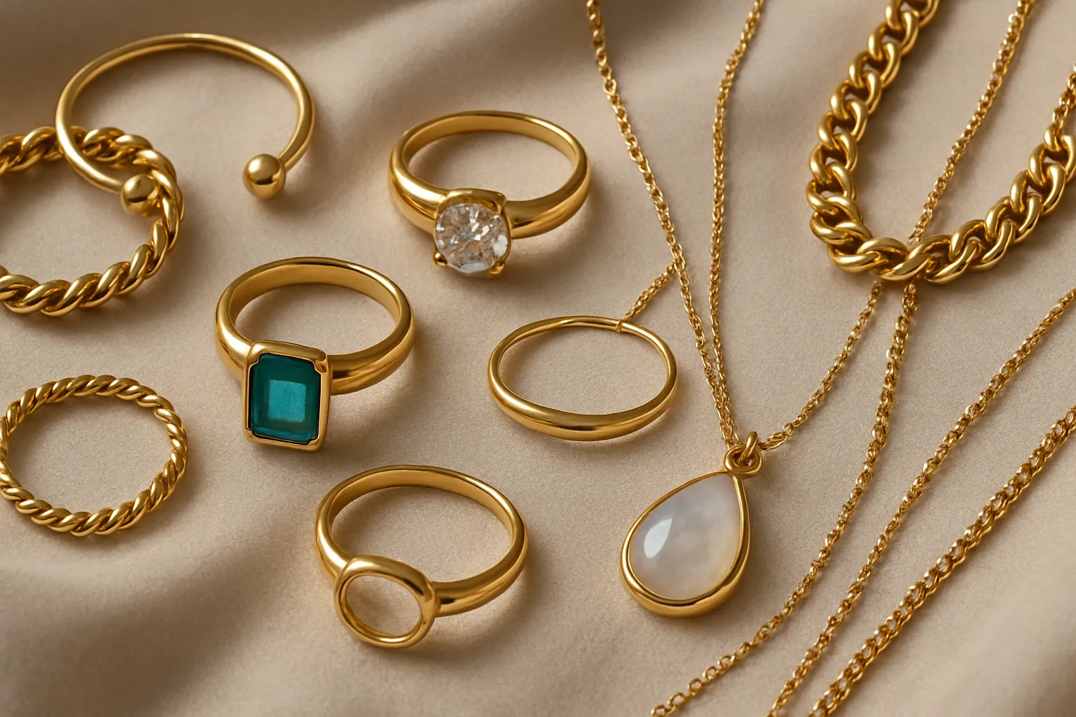 High-quality wholesale jewelry displayed elegantly, including rings, necklaces, and bracelets.