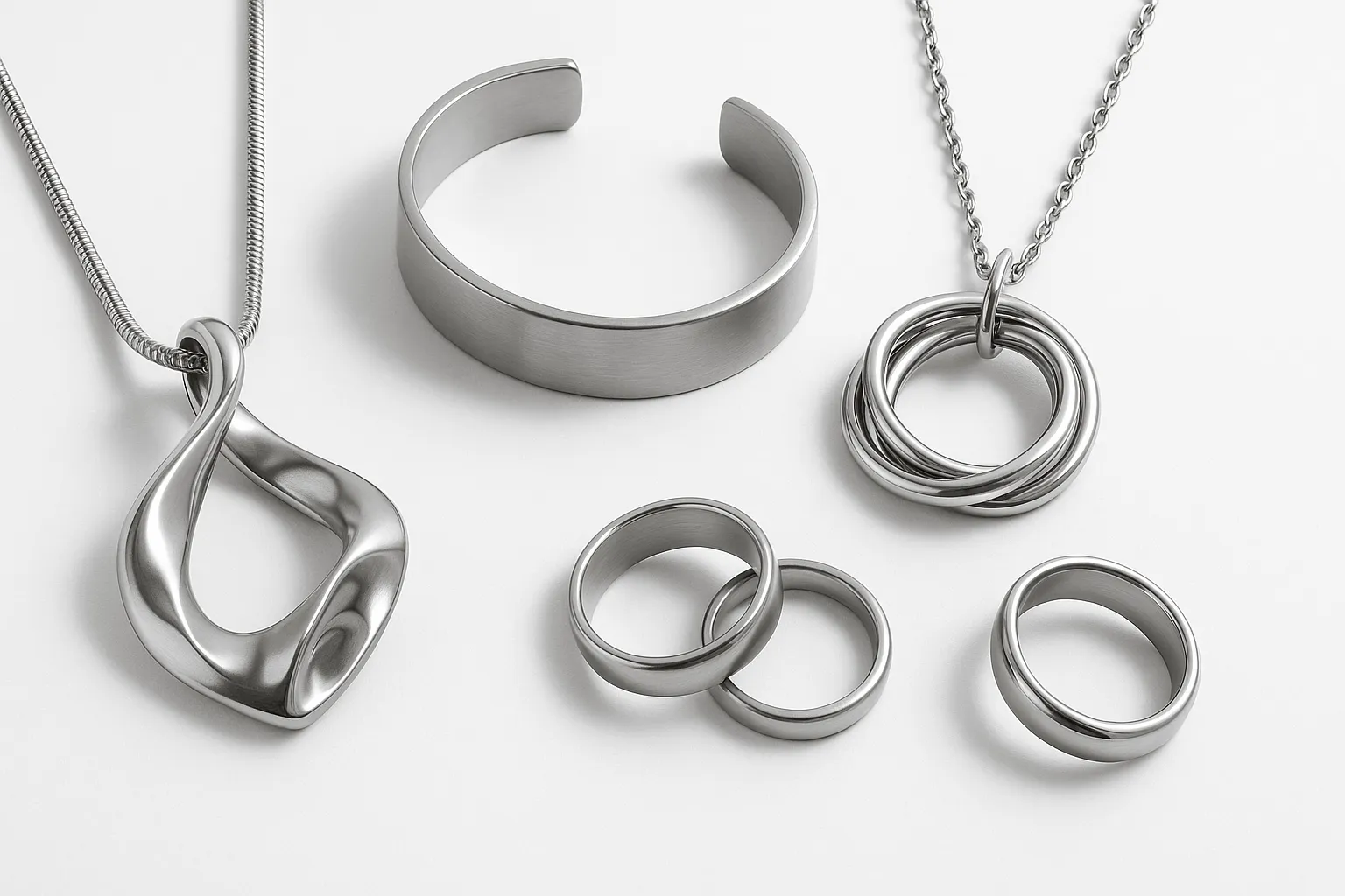 Modern stainless steel jewelry pieces displayed creatively.
