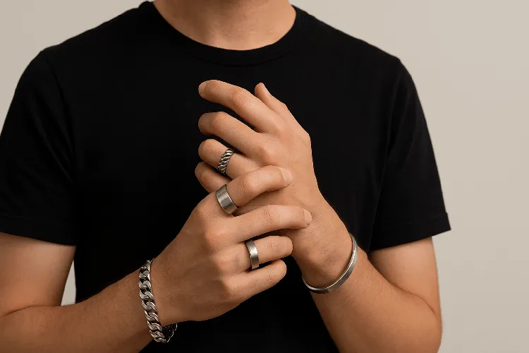 Stylish stainless steel jewelry worn by a person. Stylish stainless steel jewelry worn by a person.