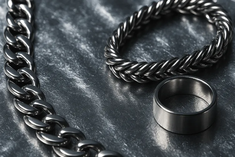 Close-up of stainless steel jewelry with a shiny metallic finish. Close-up of stainless steel jewelry with a shiny metallic finish.