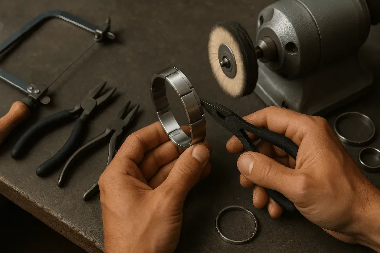 Jeweler crafting stainless steel jewelry using professional tools. Jeweler crafting stainless steel jewelry using professional tools.