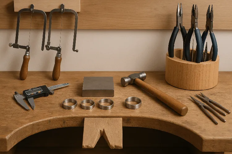 Essential tools for crafting stainless steel jewelry on a workbench. Essential tools for crafting stainless steel jewelry on a workbench.