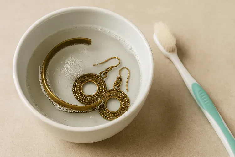 Brass jewelry soaking in vinegar and salt solution Brass jewelry soaking in vinegar and salt solution
