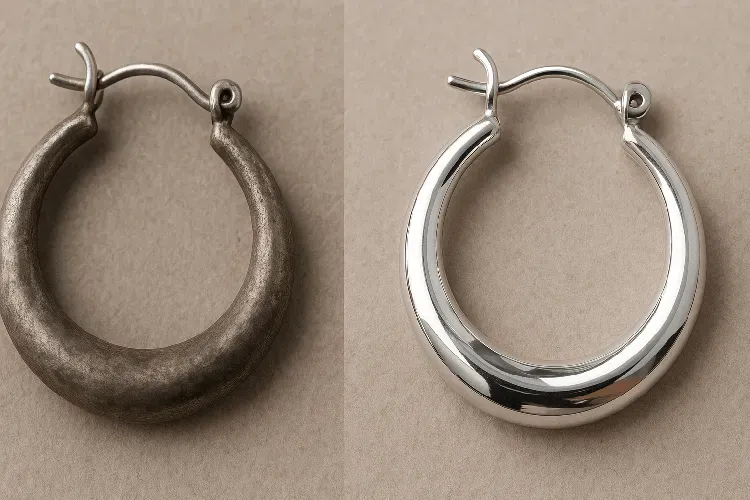 Before and after cleaning tarnished silver-plated jewelry. Before and after cleaning tarnished silver-plated jewelry.