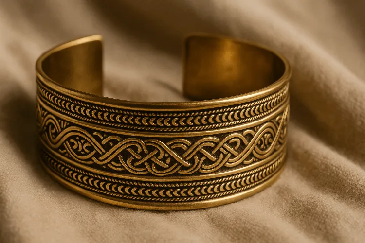 Close-up of a shiny brass bracelet with detailed design Close-up of a shiny brass bracelet with detailed design