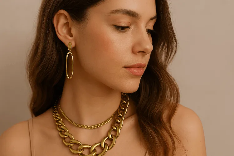 Trendy brass jewelry on display Trendy brass jewelry on display