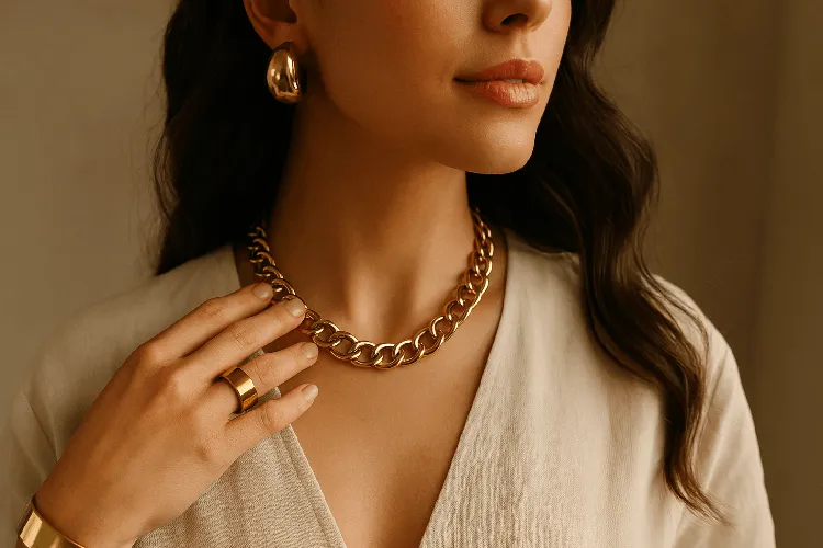 Well-maintained shiny brass jewelry worn by a woman Well-maintained shiny brass jewelry worn by a woman