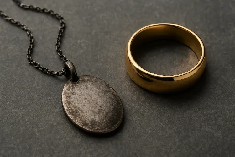 Tarnished silver jewelry and shining gold ring. Tarnished silver jewelry and shining gold ring.