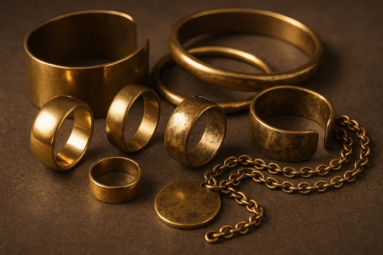 Brass jewelry showing both shine and tarnish. Brass jewelry showing both shine and tarnish.