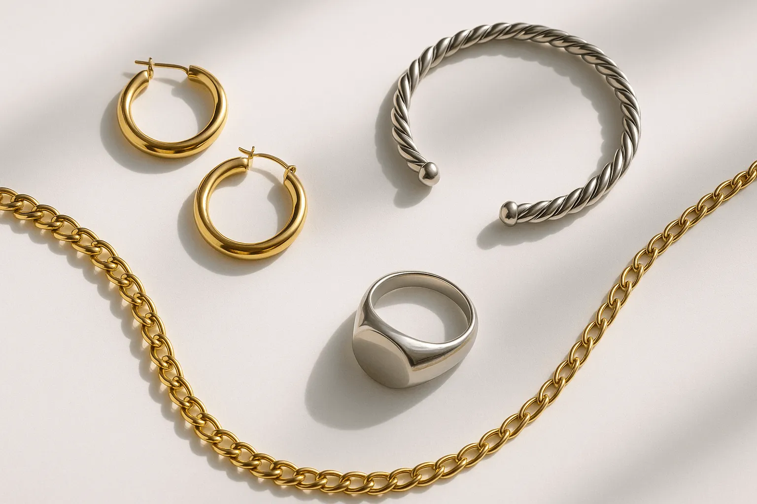 Mixed silver and gold jewelry on a minimalist background.