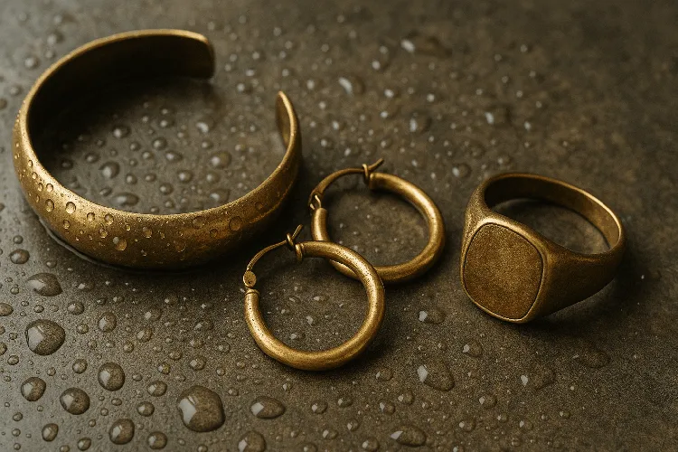 Brass jewelry affected by tarnish factors like moisture and oils.