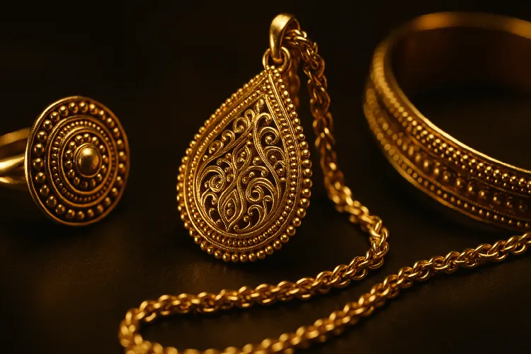 Golden brass jewelry with intricate designs Golden brass jewelry with intricate designs
