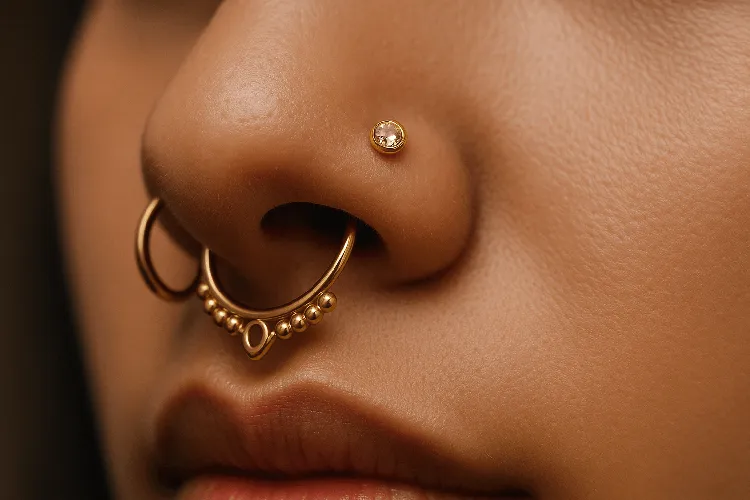 Close-up of various nose jewelry including studs and septum rings. Close-up of various nose jewelry including studs and septum rings.