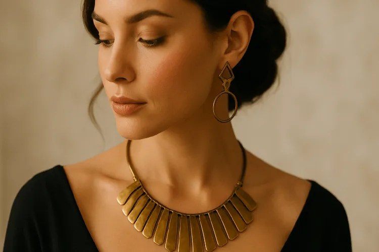 Brass jewelry worn by a stylish woman Brass jewelry worn by a stylish woman