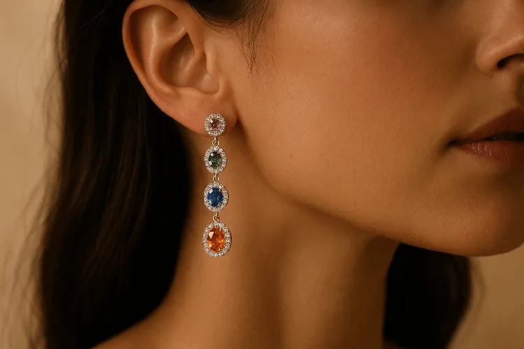Elegant drop earrings with colorful gemstones. Elegant drop earrings with colorful gemstones.