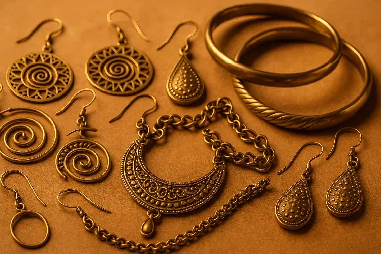 Assorted brass jewelry with warm golden shine
