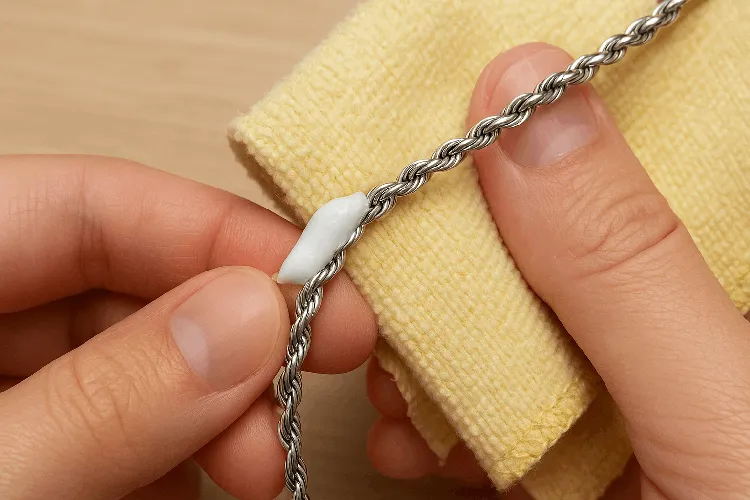 Step-by-step cleaning silver jewelry with a soft cloth and toothpaste. Step-by-step cleaning silver jewelry with a soft cloth and toothpaste.