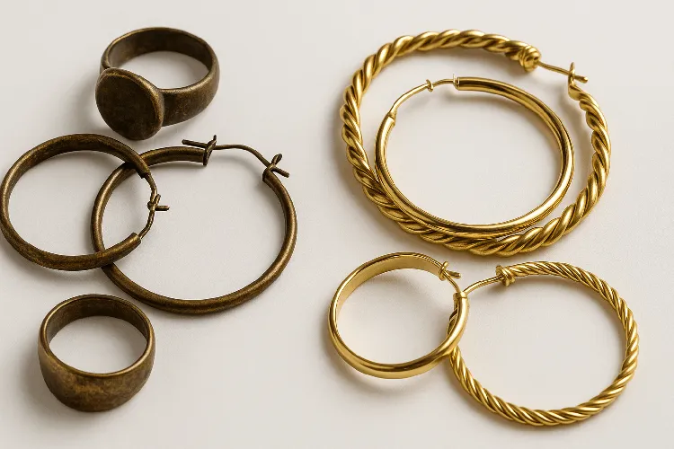 Comparison of tarnished and cleaned brass jewelry Comparison of tarnished and cleaned brass jewelry