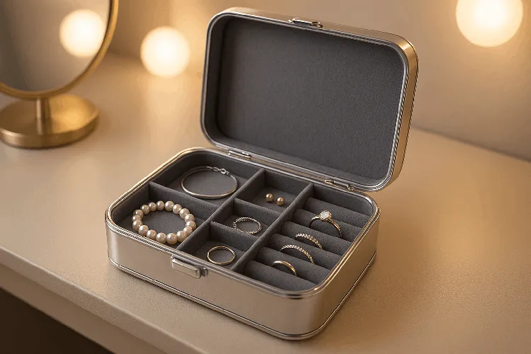 Silver jewelry stored in a box with anti-tarnish cloth for protection. Silver jewelry stored in a box with anti-tarnish cloth for protection.