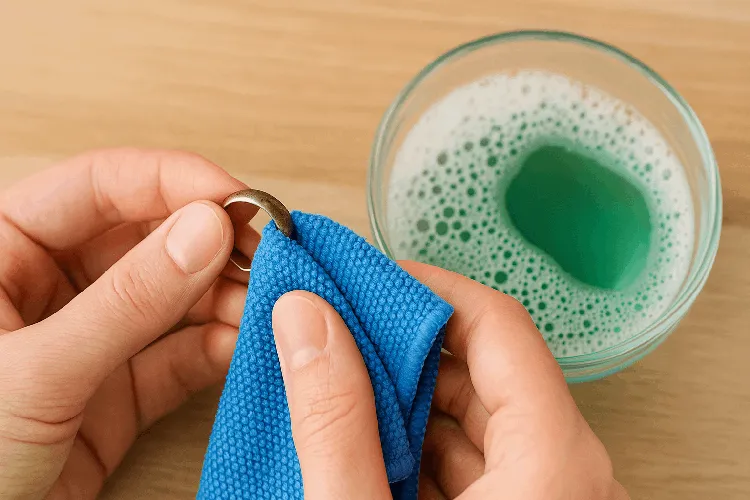 Cleaning tarnished silver-plated jewelry with a microfiber cloth. Cleaning tarnished silver-plated jewelry with a microfiber cloth.