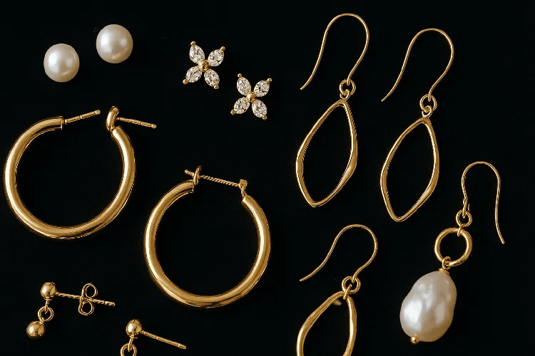Different types of earrings including studs, hoops, and dangles. Different types of earrings including studs, hoops, and dangles.