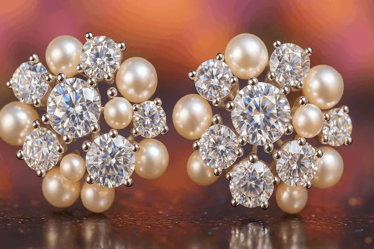 Dazzling cluster earrings with diamonds and pearls. Dazzling cluster earrings with diamonds and pearls.