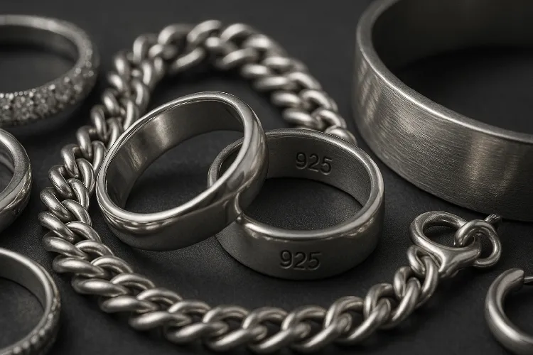 Close-up of fine and sterling silver jewelry types. Close-up of fine and sterling silver jewelry types.