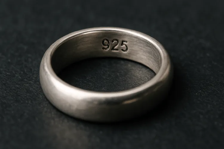 Close-up of sterling silver ring hallmark '925'. Close-up of sterling silver ring hallmark '925'.