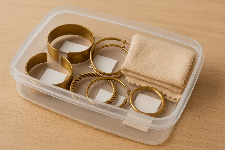 Brass jewelry stored safely with anti-tarnish strips Brass jewelry stored safely with anti-tarnish strips