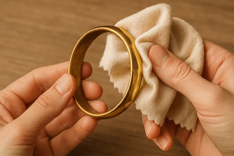 Cleaning tarnished brass jewelry with a soft cloth. Cleaning tarnished brass jewelry with a soft cloth.