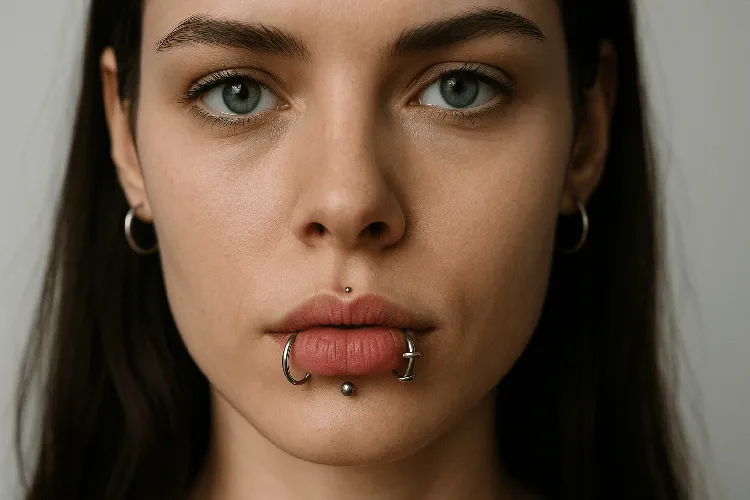 Model showing lip rings, labret studs, and lip cuffs. Model showing lip rings, labret studs, and lip cuffs.