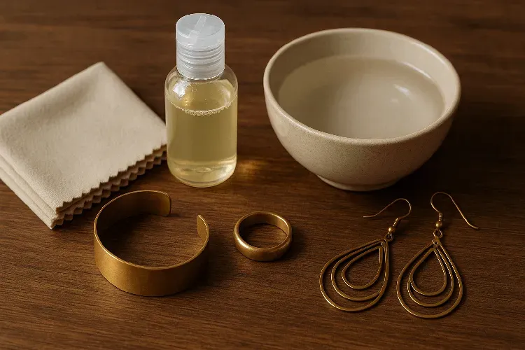 Brass jewelry cleaning supplies: cloth, dish soap, and water Brass jewelry cleaning supplies: cloth, dish soap, and water