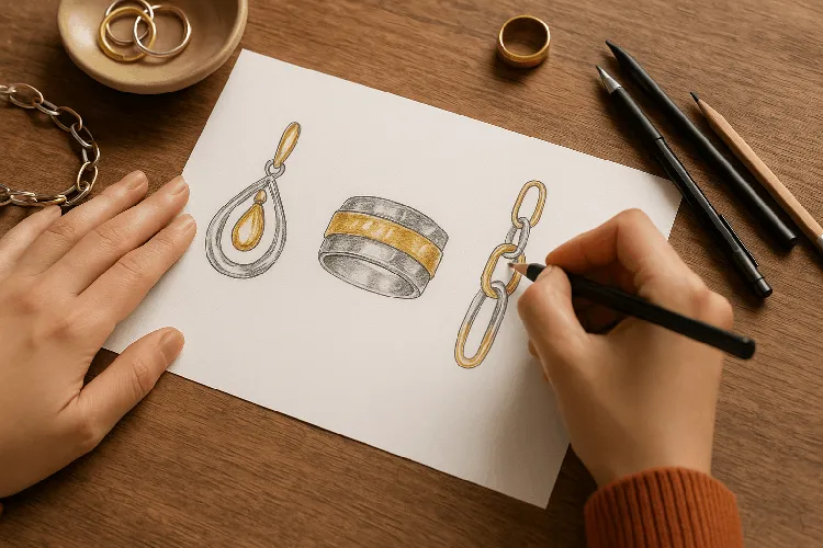 Designer sketching mixed metal jewelry concepts.