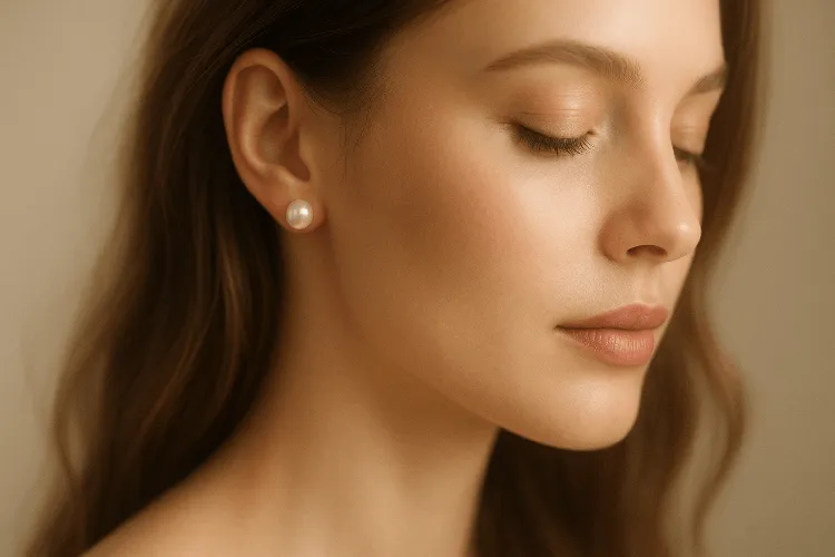 Delicate pearl studs highlighting sophistication. Delicate pearl studs highlighting sophistication.